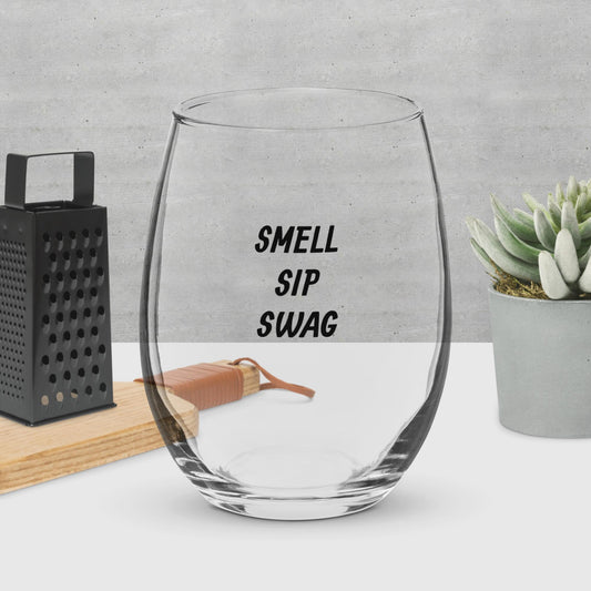 "Smell Sip Swag" Stemless Wine Glass Black